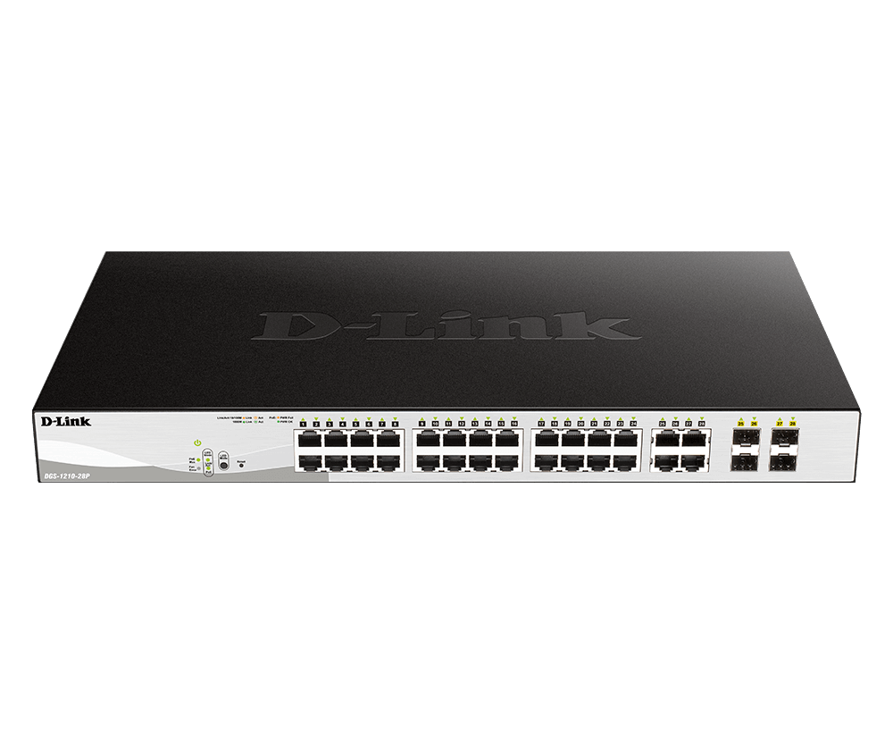 D-Link 24-Port 10/100/1000BaseT PoE + 4 Combo 1000BaseT/SFP ports Web Smart Switch, 193W PoE budget.
