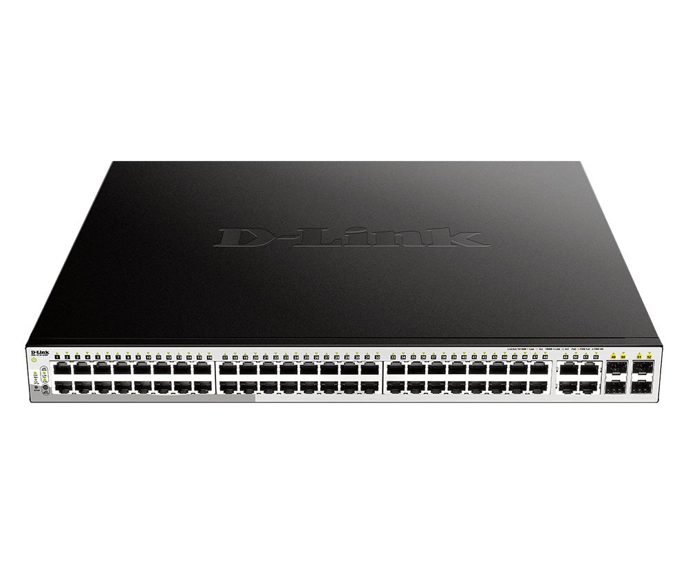D-Link 48-Port 10/100/1000BaseT PoE + 4 Combo 1000BaseT/SFP ports Web Smart Switch, 370W PoE budget.