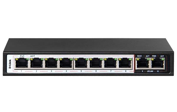 D-Link 10-port 10/100/1000Base-T Unmanaged Long Range 250m PoE+ Surveillance Switch with 8 PoE ports, 96W PoE Power budget