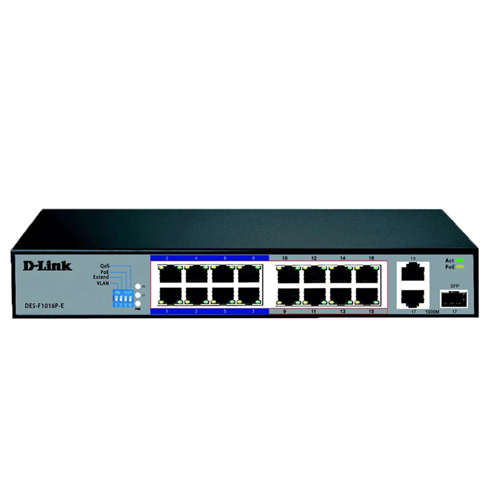 D-Link 16-port 10/100Base-T Unmanaged Long Range 250m PoE+ Surveillance Switch with 16 PoE ports,