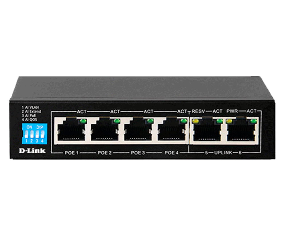 D-Link 6-port 10/100/1000Base-T Unmanaged Long Range 250m PoE+ Surveillance Switch with 4 PoE ports, 60W PoE Power budget 