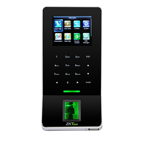 ZKteco, F22, Fingerprint Capacity: 3,000, Transaction Capacity: 30,000, Card Capacity:5000 (Optional) ID, Display: 2.4-inch TFT LCD Color Screen, Communication: RS232/485 TCP/IP