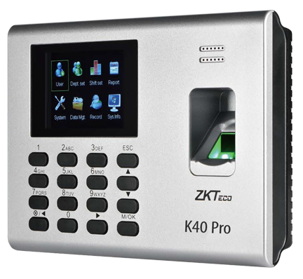 ZKteco, K40 Pro, Fingerprint Capacity: 3000, ID Card Capacity: 3,000, Record Capacity:200,000, Display: 2.8 inch TFT screen, Communication: TCP/IP